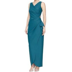 Alex Evenings 6 Ruched Brooch Cascade Ruffle Sleeveless Deep Teal Maxi Dress